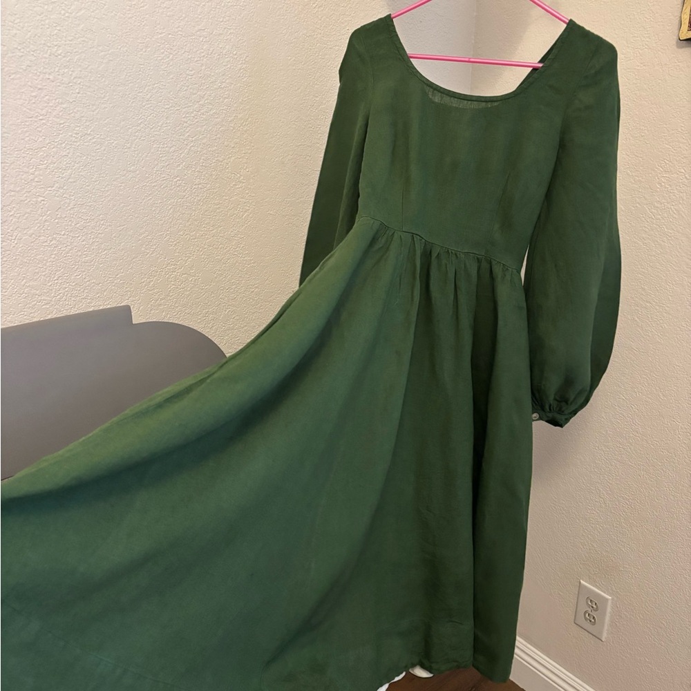 Carmen Green Long Sleeve Linen Dress